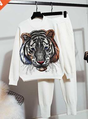 Kntwear 2 Pece Suts Sprng Autumn New Women Fashon Bead