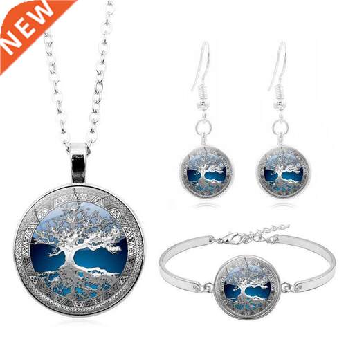 Celtic e of Life Glass Cabochon Necklace Stud Earrings Brace
