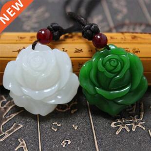Natural Green Jade Rose Beads Necklace Pendant Rope Lucky A