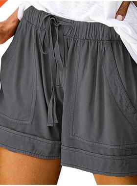 Women Shorts Comfy Drawstring Splice Casual Elastic Waist Po