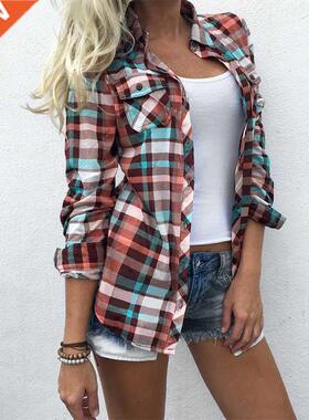2020 Fashion Women Plaid Shirt Chic Checked Blouse Long Slee