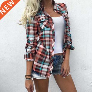 2020 Fashion Women Plaid Shirt Chic Checked Blouse Long Slee