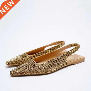 Za 2022 New Woman Gold Bling Flat Shoes Vintage Black Back E