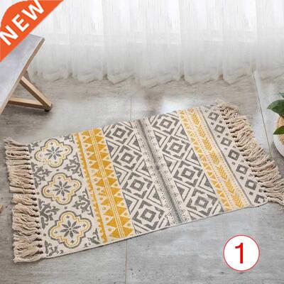 Retro Hand Woven Cotton Linen Carpet Rug Bedside Rug Geometr