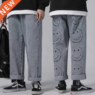 Fashion Mens Vintage Washed Jeans Hip Hop Smile Face Printed