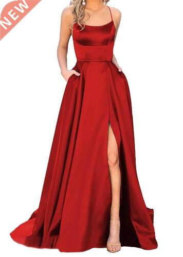Women	s Halter Satin Long Prom Dresses with Pockets C