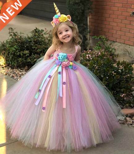 Girls Pstel Unicorn Flower Tutu Dress Kids Crochet Tulle St