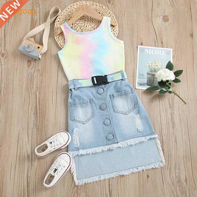 Faion Kids Baby Girls Summer Tie-dyed Top Vest Denim Butto