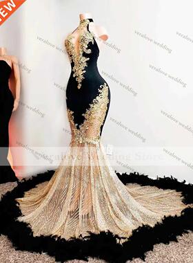 Sparkly Black Mermaid Evening Dress High Neck Feather Beads