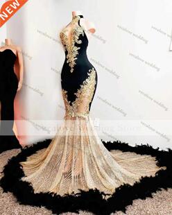 Sparkly Black Mermaid Evening Dress High Neck Feather Beads