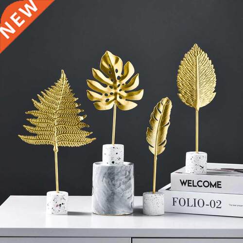 Golden Leaf Feather Plant Nordic Decor Modern Desktop Home