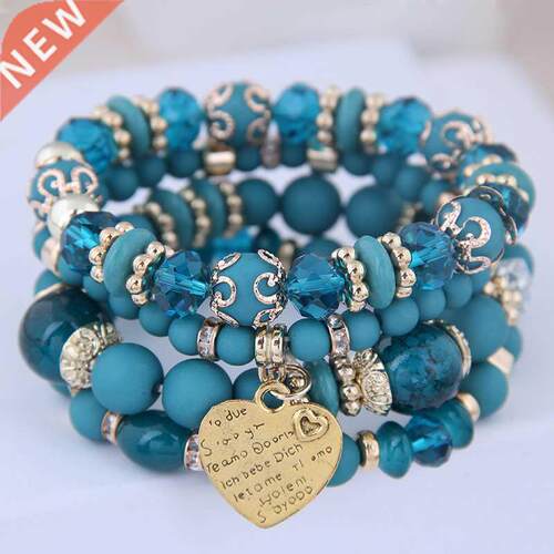 Heart Charm Beads Bracelets Set Women Lava Stone Multilayer