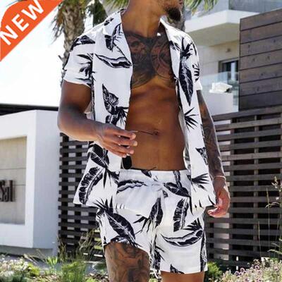 New Men's Hawaiian Print Lapel Short Sleeve Shirt Set Summer