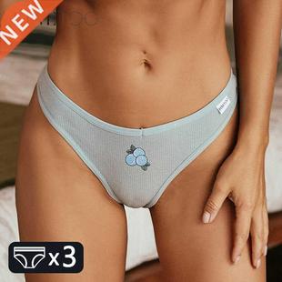 FINETOO Fruit Embroidery Thongs Women Cotton T-back Underpan