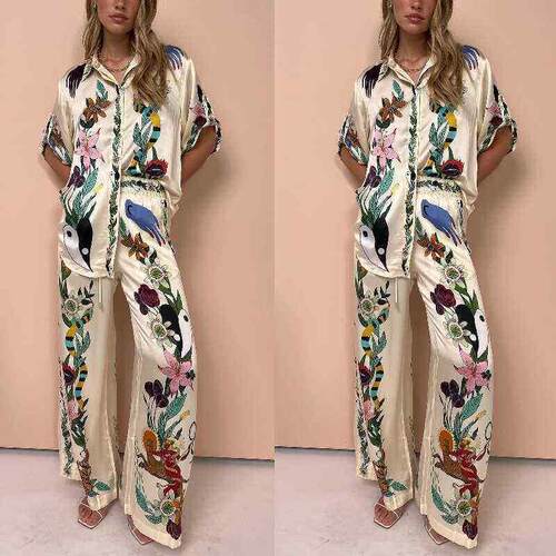 Printed satin short sleeved shirt+pants two-piece set 套装