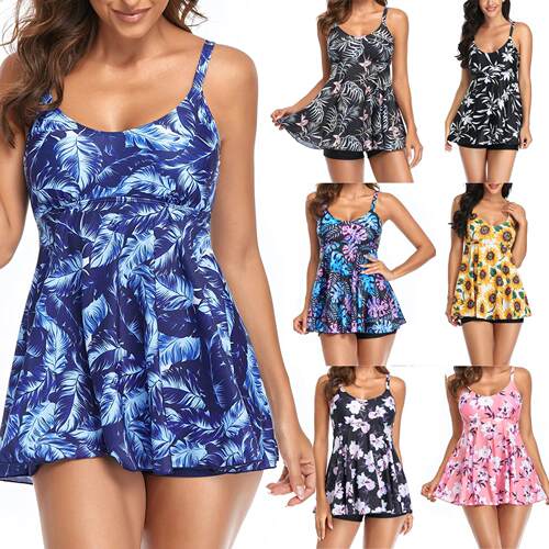 2Pcs Women Swimwear, Leaf/Flower Print Scoop Neck Padded Tan