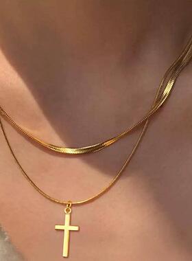 Gold cross necklace蛇骨炼长版多层叠戴项炼金色十字吊坠锁骨炼