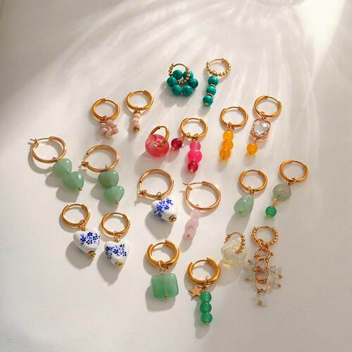 Bohemian Handmade Natural Stone Beads Hoop Earrings for Wome