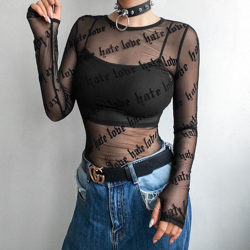 Sexy Women Mesh T-Shirts See-Through Perspective Tshirt Lett - 实物图