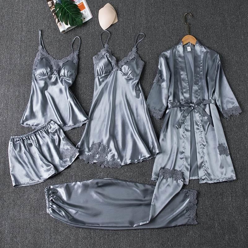 Sleepwear Female 5PCS Pajamas Set Satin Pyjamamas Home Wear