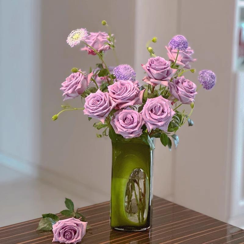 花瓶摆件客厅插花玻璃轻奢高级感绿色复古小众创意水养郁金香玫瑰