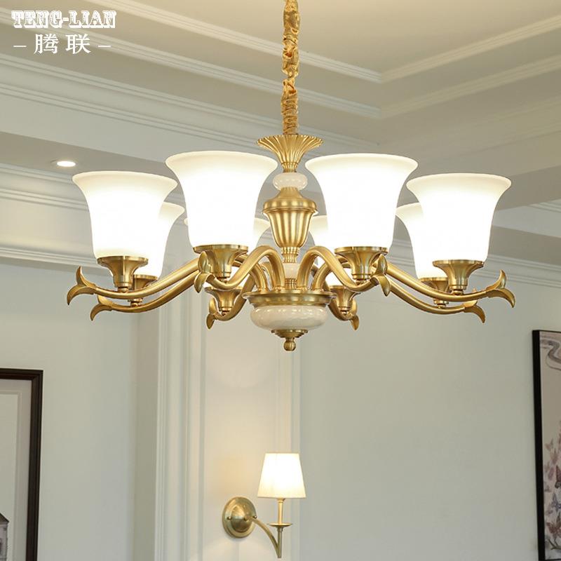 美式客厅吊灯黑刷金全铜玉石吊灯饭厅餐厅欧式简约卧室书房吊灯具