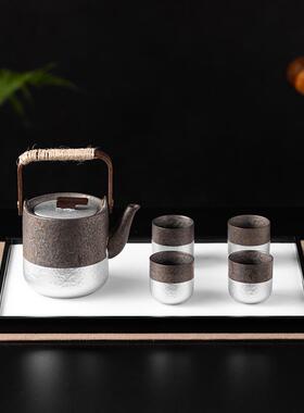 新中式鎏银茶具茶盘托盘组合摆件茶道茶室茶几样板间装饰软装搭配