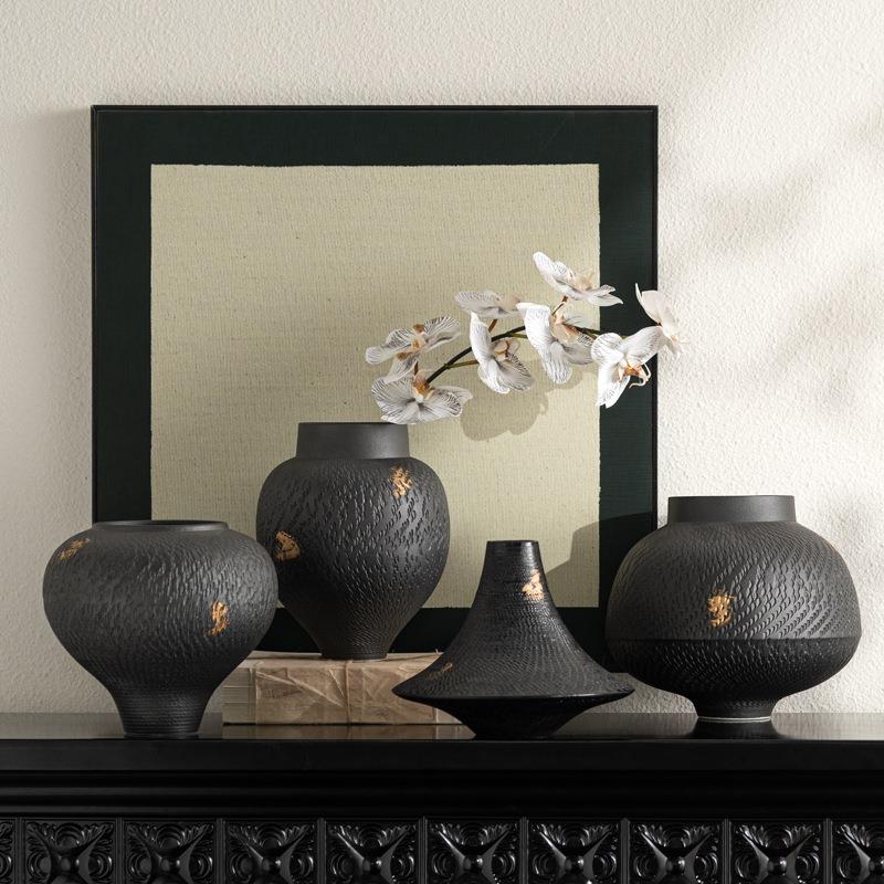 艺贝子 侘寂风复古肌理纹理陶罐装饰品摆件电视柜插花桌面陶瓷花