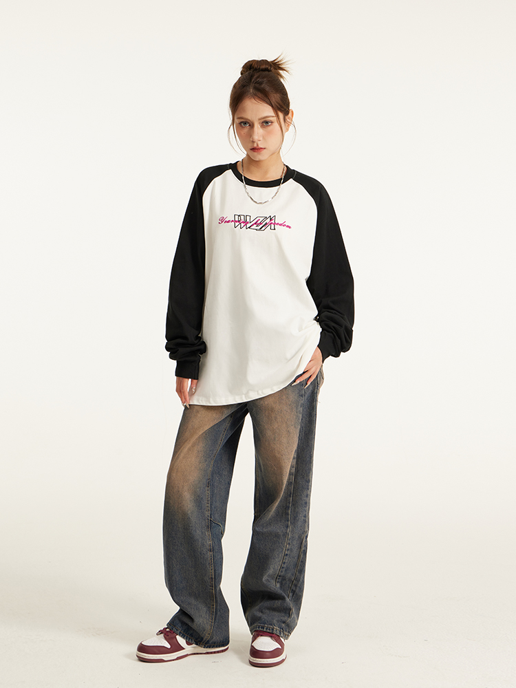 SEAAFIRE 300G重磅拼色插肩袖字母长袖t恤男情侣款宽松纯棉打底