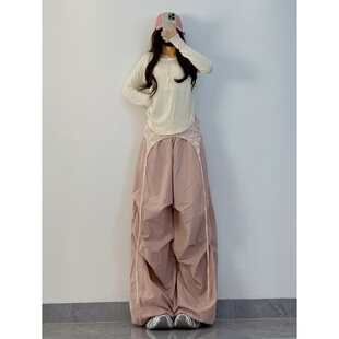 XXBUNI爵士舞套装女褶皱蕾丝屁帘裤子女设计感伞兵裤薄款阔腿宽松