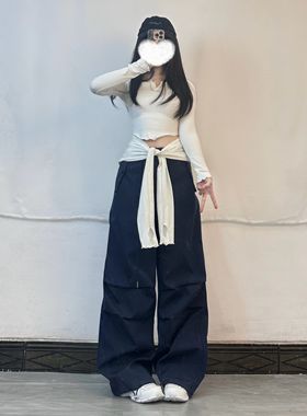 XXBUNI jazz跳舞运动套装白色长袖短上衣+藏青速干休闲工装裤子女