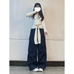 XXBUNI jazz跳舞运动套装白色长袖短上衣+藏青速干休闲工装裤子女