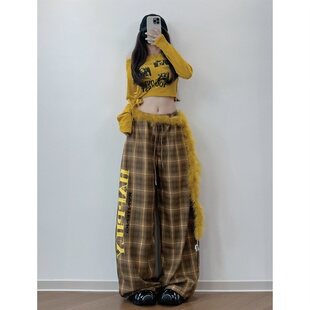 子 爵士舞裤 XXBUNI秋冬姜黄跳舞穿搭女格子印花休闲裤 女宽松阔腿裤