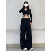 女宽松紧腰阔腿裤 XXBUNI 子速干黑色工装 休闲裤 jazz薄款 跳舞裤