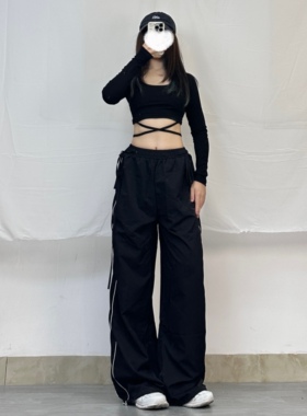 XXBUNI jazz薄款跳舞裤子速干黑色工装休闲裤女宽松紧腰阔腿裤