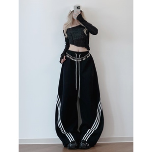 XXBUNI 显瘦跳舞穿搭女黑色三条杠休闲裤女宽松阔腿裤爵士舞裤子