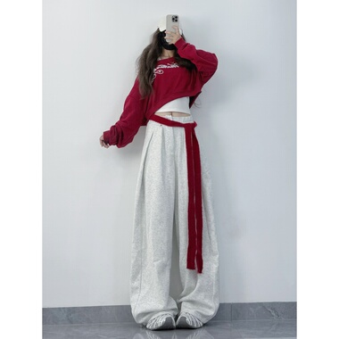 XXBUNI秋冬辣妹跳舞套装女红色短款露肩长袖挂脖两件套宽松运动裤