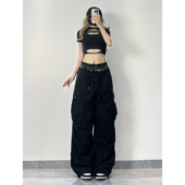 XXBUNI 子 子女黑色松紧腰大口袋运动阔腿休闲束脚长裤 薄款 跳舞裤