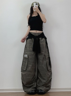 XXBUNI辣妹迷彩爵士舞裤女宽松显瘦直筒阔腿工装长裤子绿色跳舞裤