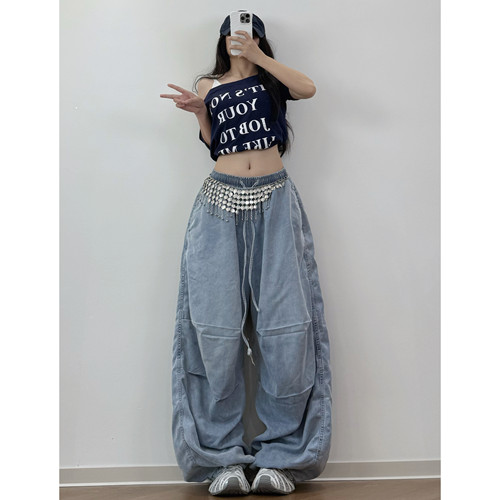 XXBUNI 美式复古水洗做旧牛仔裤女hiphop宽松直筒阔腿拖地长裤子