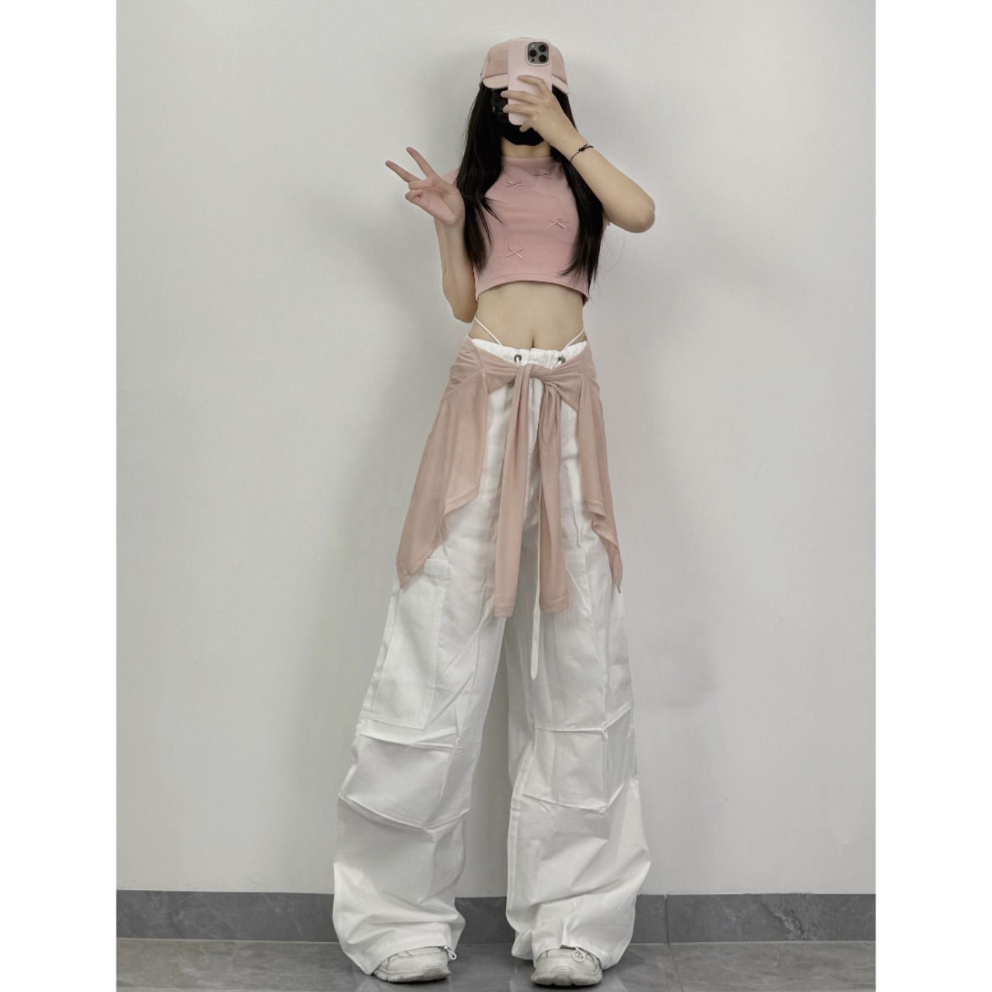 XXBUNI 爵士跳舞服装女白色薄款工装裤夏季纯棉收腰休闲运动长裤