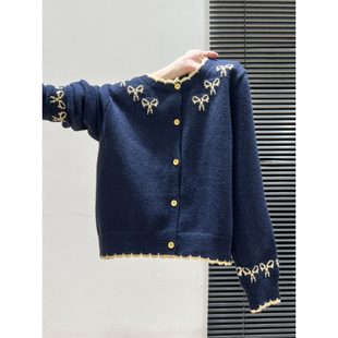 藏青色蝴蝶结针织开衫加厚毛衣外套女2025年秋冬季宽松慵懒风上衣