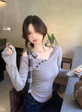 一字肩灰色针织打底衫2025早秋新款甜辣妹蝴蝶结露肩短款上衣nis