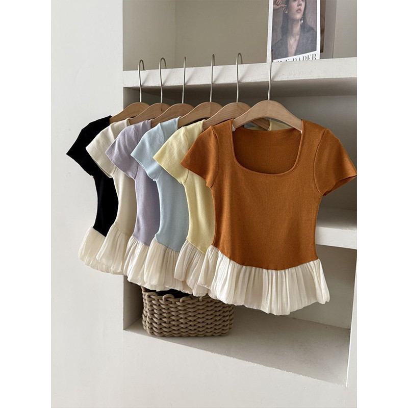 法式撞色拼接方领短袖针织衫女2025夏下摆荷叶边裙摆修身显瘦上衣