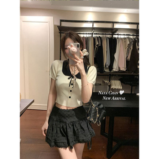 新款 女2025夏季 短款 修身 辣妹上衣 纯欲甜妹娃娃领泡泡袖 短袖 针织衫