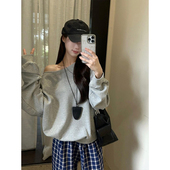 长袖 美式 斜领露肩慵懒宽松百搭套头上衣春秋新款 遮肚子显瘦T恤nis