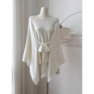 韩系轻奢风系带收腰一字肩斗篷针织上衣女设计感麻花披肩毛衣外搭