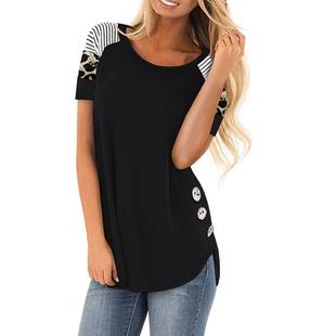 Color Stitching Stripe Leopard Button Contrast Womens Round