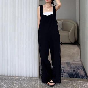 suspenders loose summer Black jumpsuit for casual style