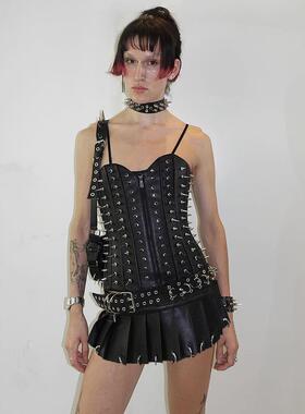 outfits baddie sexy women belt rivet with skirt pleated